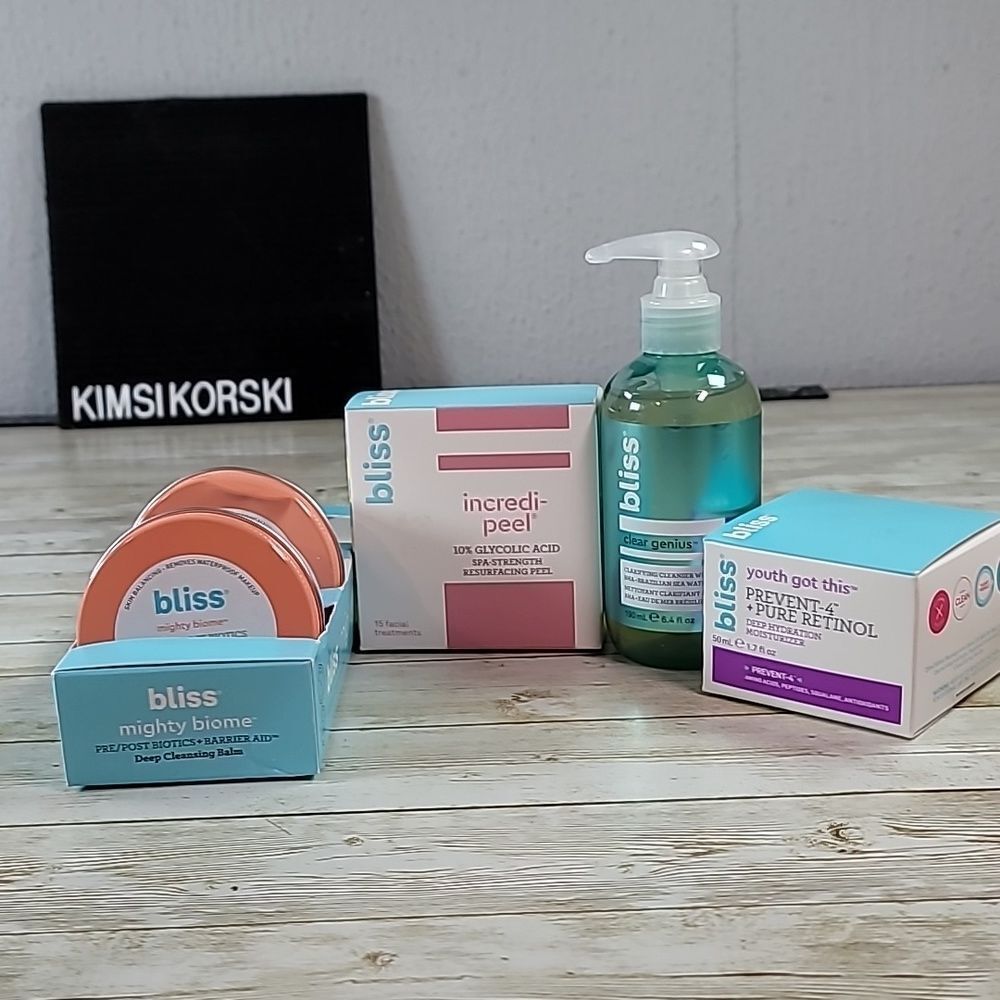 NEW Bliss Skincare Full Size Product Bundle Clear Genius Mighty Biome Prevent‎ 4